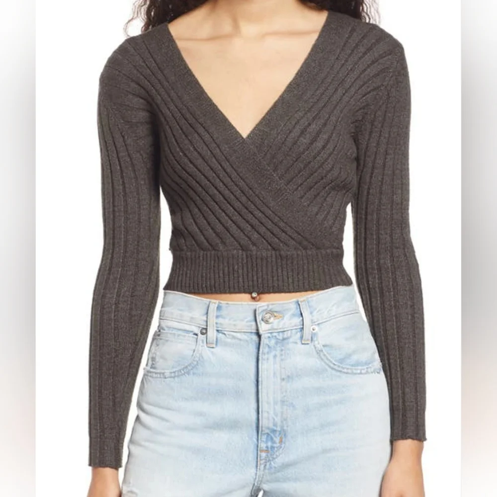 Cali Be Ribbed Wrap Front Sweater On Dark Charcoal Size Medium NWOT - Picture 2 of 8